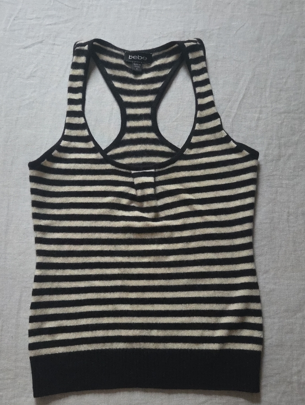 BEBE Cashmere Striped Racerback Tank Top - Small | Y2K Black & Cream Knit